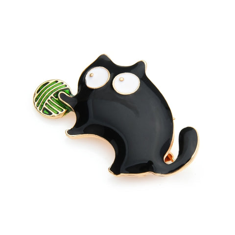 Cat Brooch<br> Black Cat with Ball