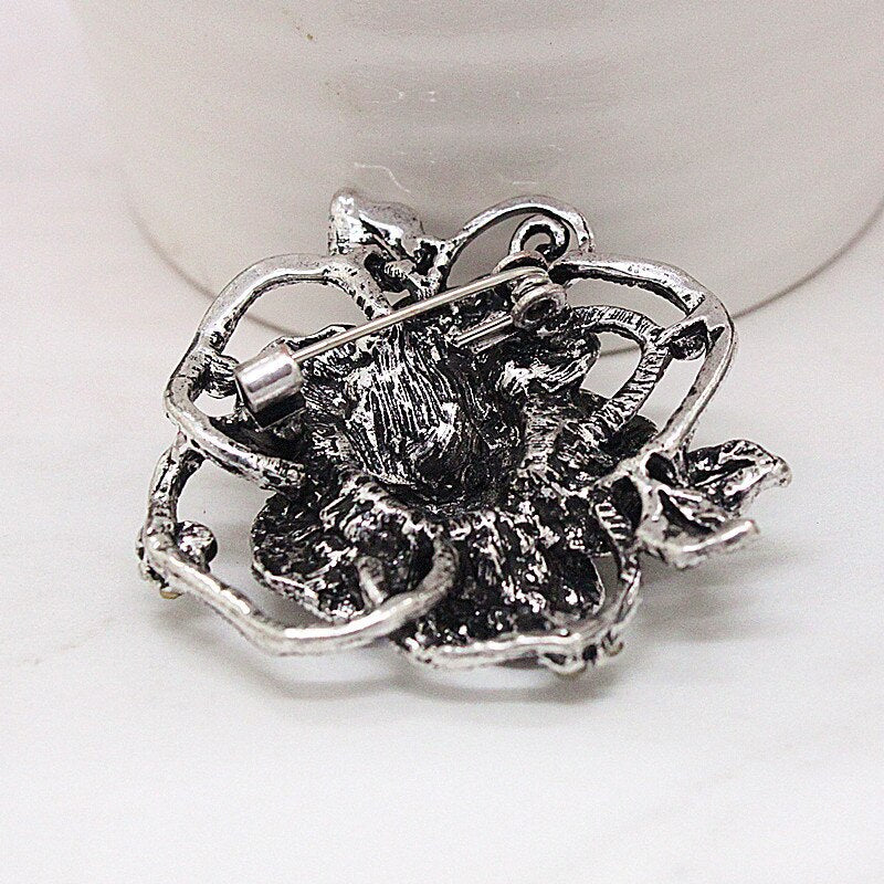 Broche Vintage Fleur Rose En Relief Celluloïd Gris Anthracite - Bijou Ancien Rare Année 1829 (?), Occasion Parfaite