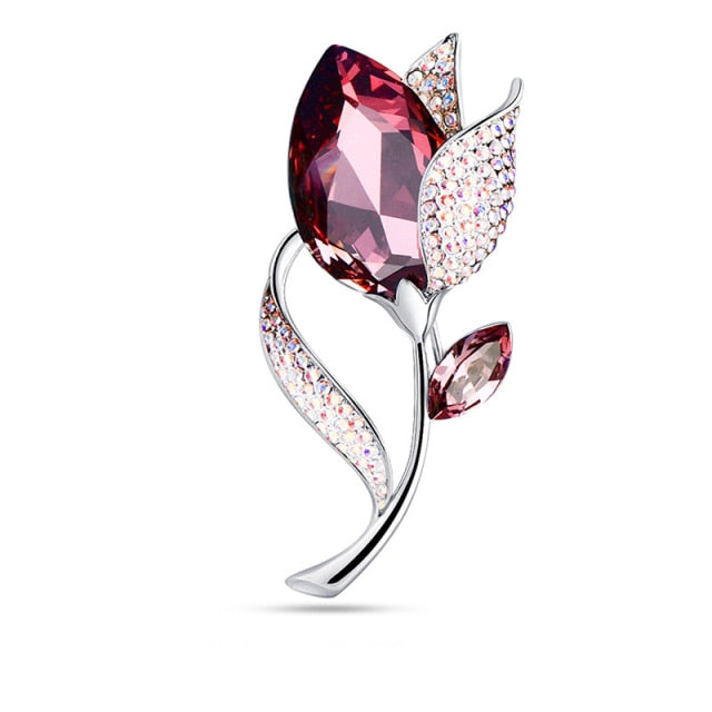 Broche Vintage Fleur En Cristal Rouge/rose Sur Métal Doré - Bijou Ancien - Occasion