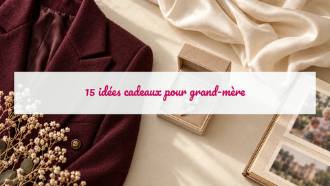 Broche florale dorée présentée comme cadeau avec un blazer bordeaux et un album familial