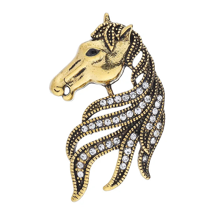 Broche cheval métal et strass argenté antique
